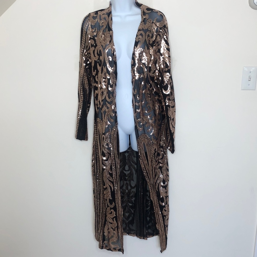 Women’s Unknown Brand Black Sheer Long Sequin Duster with Bronze Embroidery